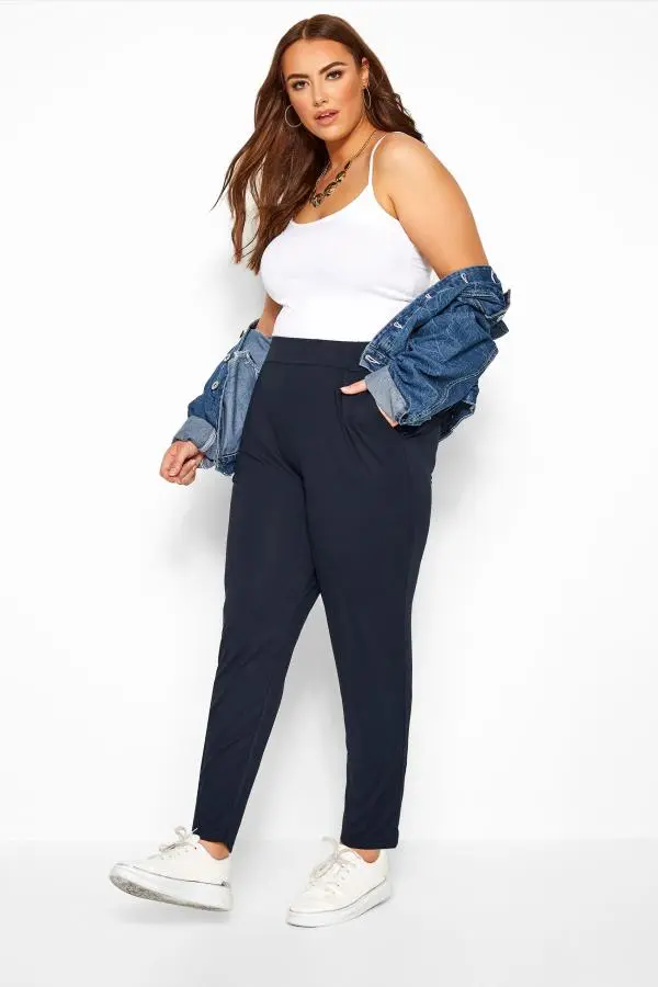 Yours Navy Blue Double Pleat Stretch Jersey Joggers Size 26-28
