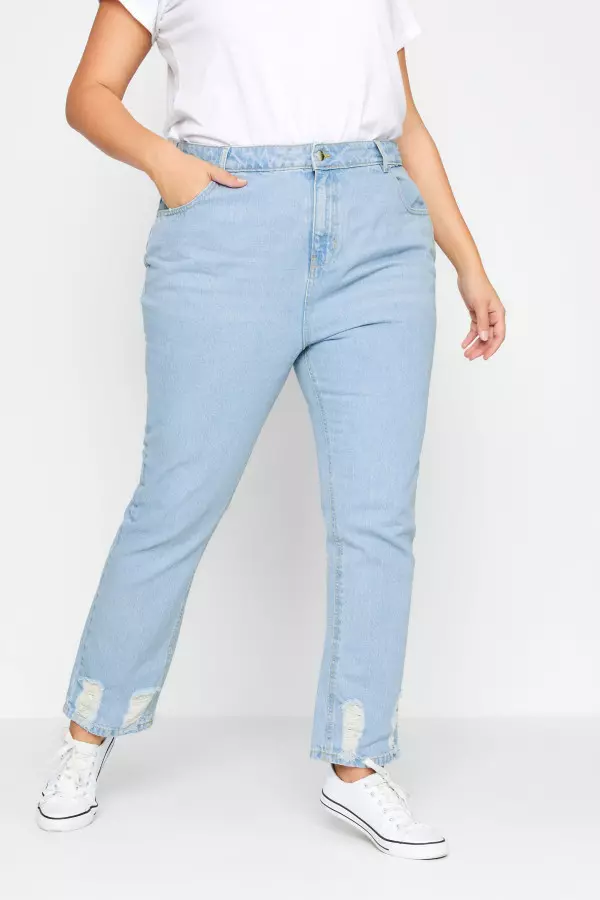 Yours Curve Light Blue Ripped Hem Stretch Straight Leg Jeans, Women's Curve & Plus Size, Yours