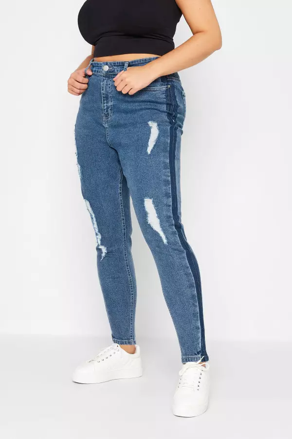Yours Curve Mid Blue Contrast Side Ripped Stretch Skinny Ava Jeans, Women's Curve & Plus Size, Yours
