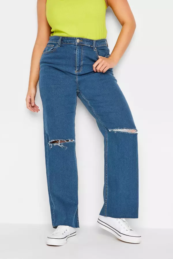 Yours Curve Mid Blue Ripped Stretch Wide Leg Jeans, Women's Curve & Plus Size, Yours