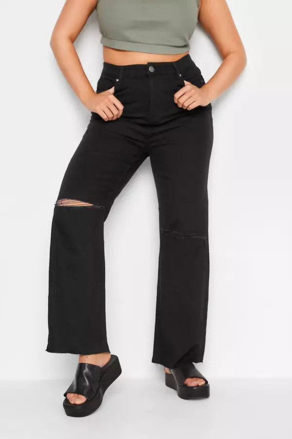 Yours Curve Black Ripped Wide Leg Stretch Jeans, Women's Curve & Plus Size, Yours