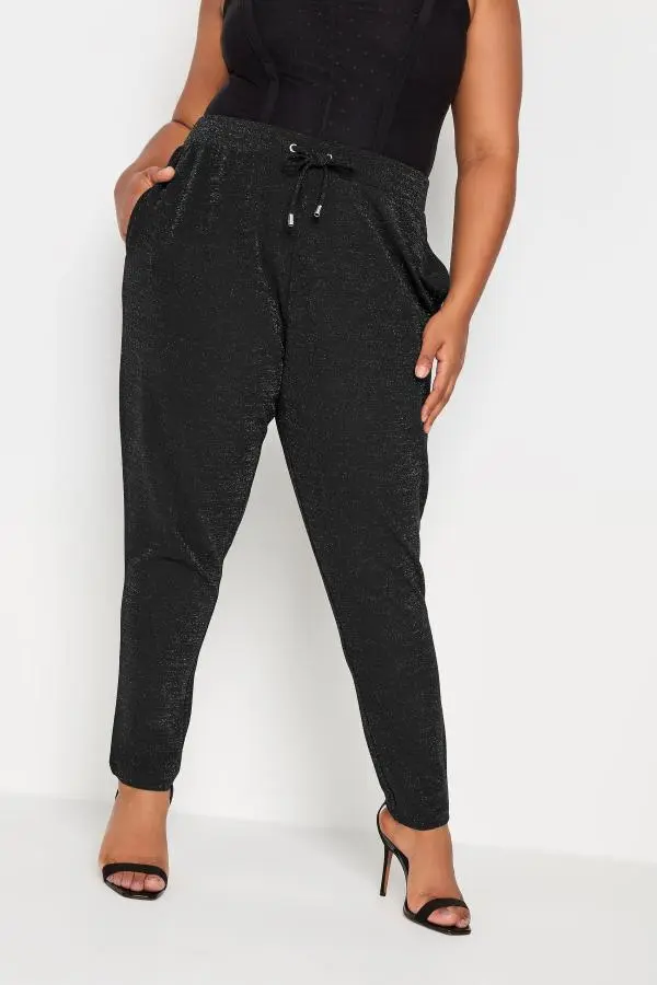 Yours Plus Size Black Glitter Stretch Harem Joggers Size Regular > 30-32