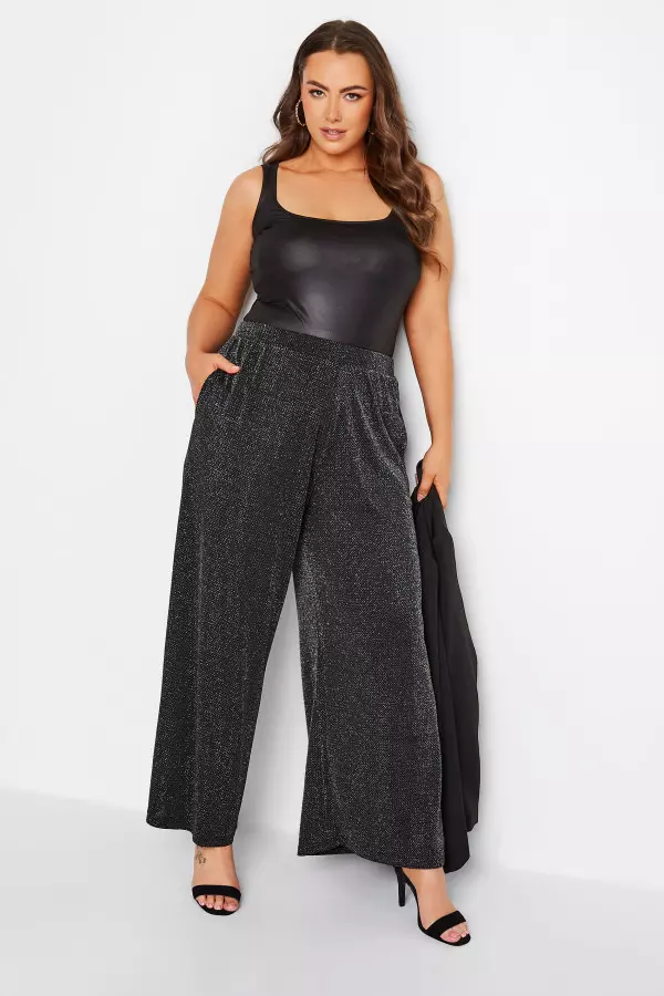Yours Curve Black Glitter Stretch Wide Leg Trousers, Women's Curve & Plus Size, Yours