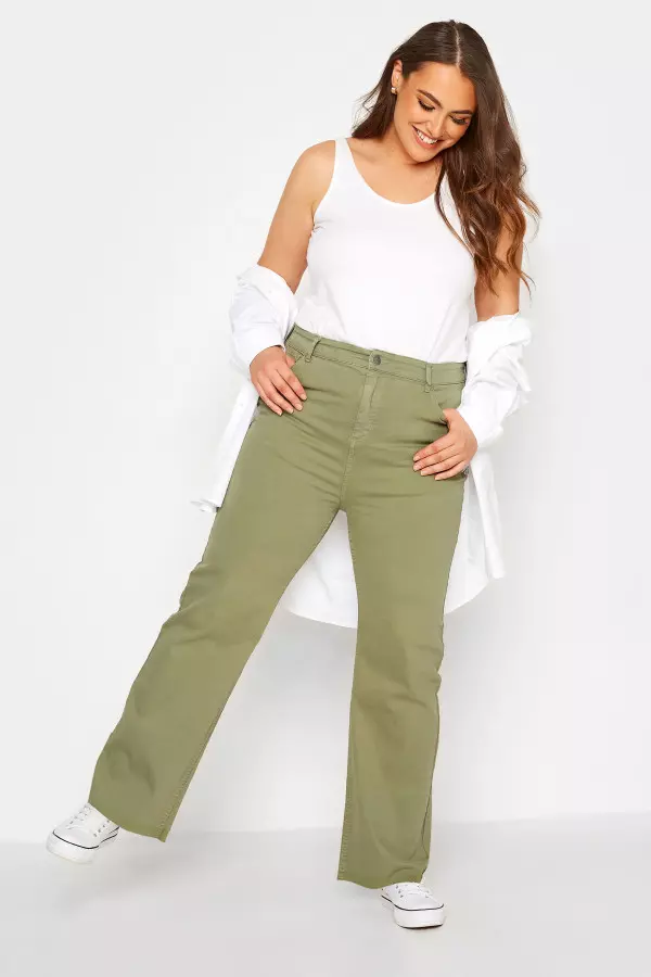 Yours Curve Khaki Green Stretch Wide Leg Jeans, Women's Curve & Plus Size, Yours