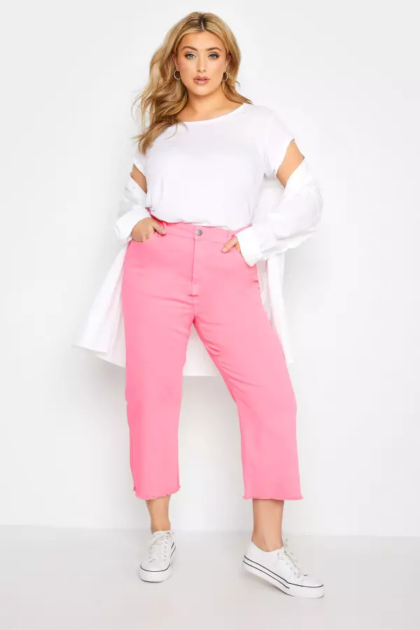 Yours Curve Pink Stretch Wide Leg Cropped Jeans, Women's Curve & Plus Size, Yours