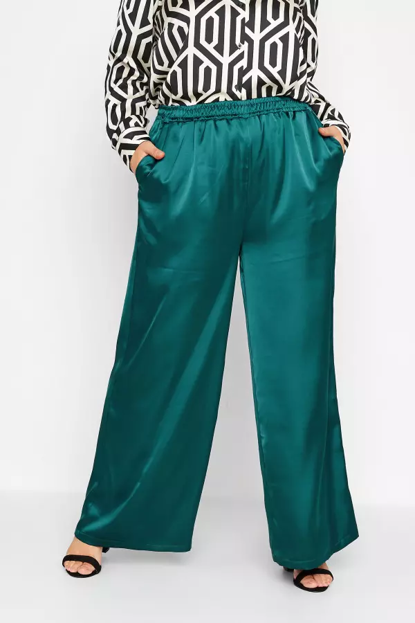 Yours Curve Green Satin Wide Leg Trousers, Women's Curve & Plus Size, Yours