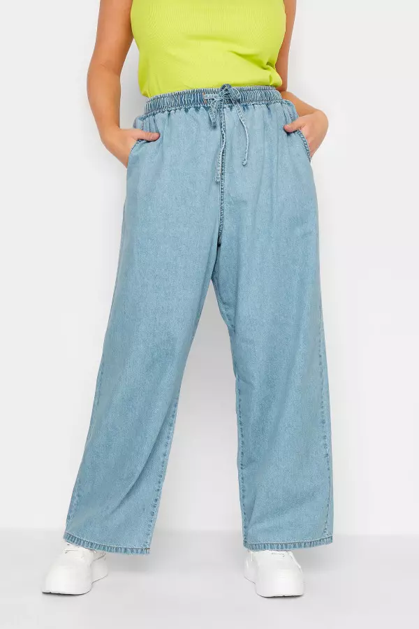 Yours Curve Light Blue Pull On Wide Leg Jeans, Women's Curve & Plus Size, Yours