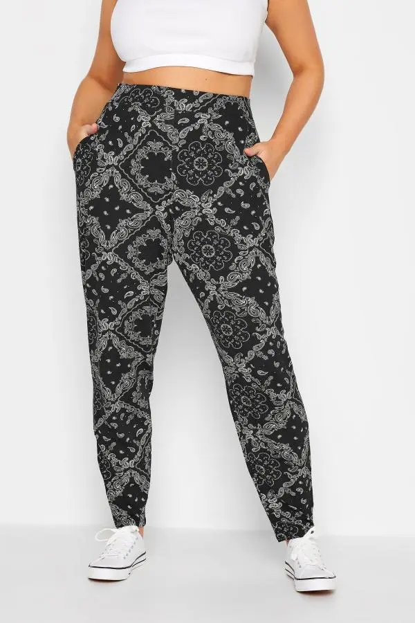 Yours Curve Black Paisley Print Double Pleat Harem Trousers, Women's Curve & Plus Size, Yours