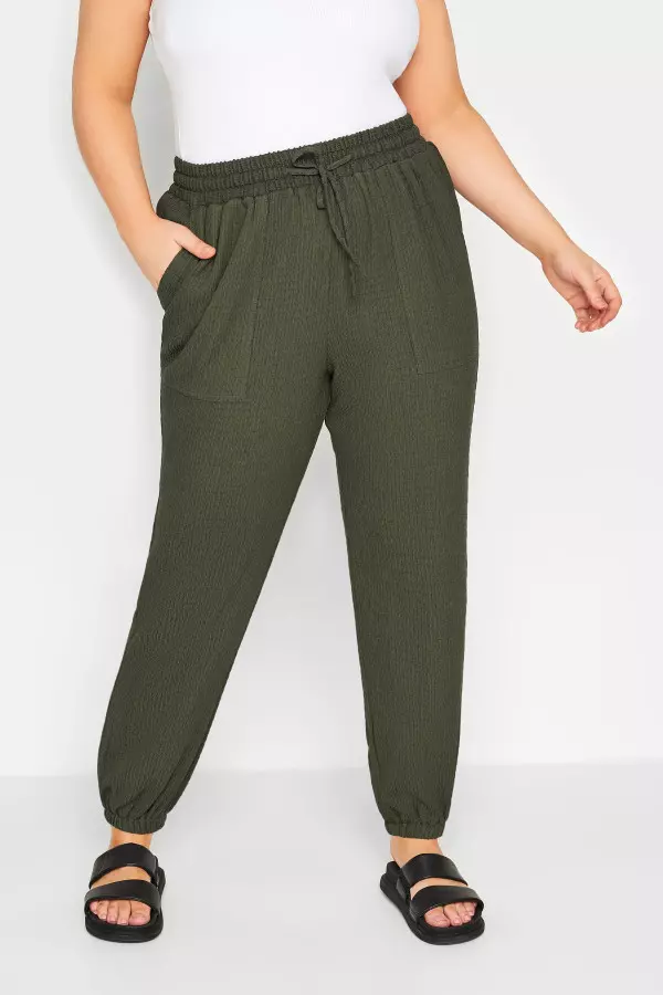 Yours Curve Khaki Green Crinkle Cargo Joggers, Women's Curve & Plus Size, Yours