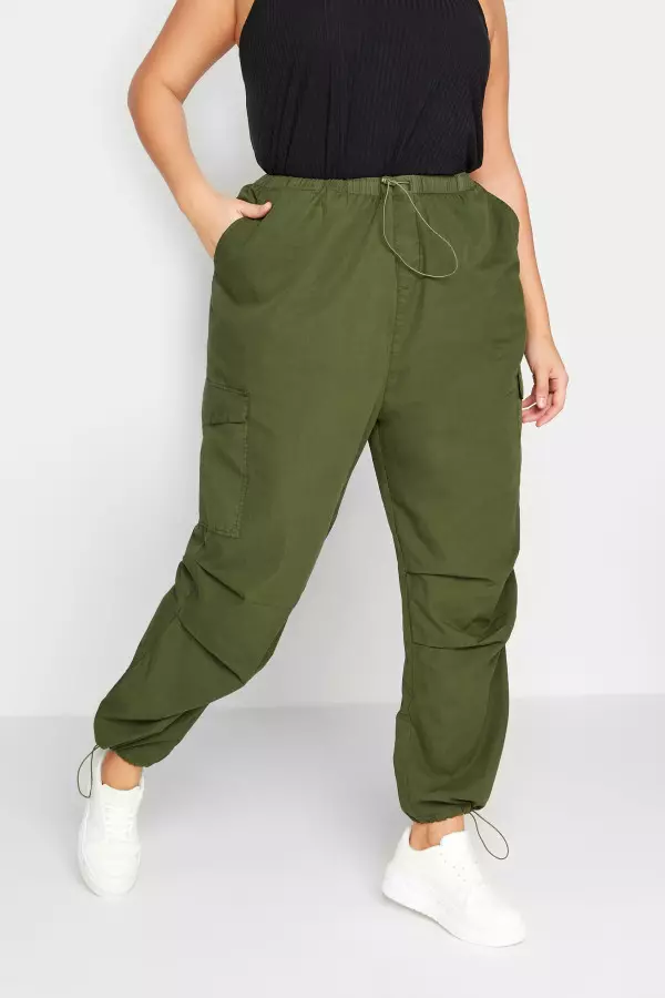 Yours Curve Khaki Green Cargo Parachute Trousers, Women's Curve & Plus Size, Yours