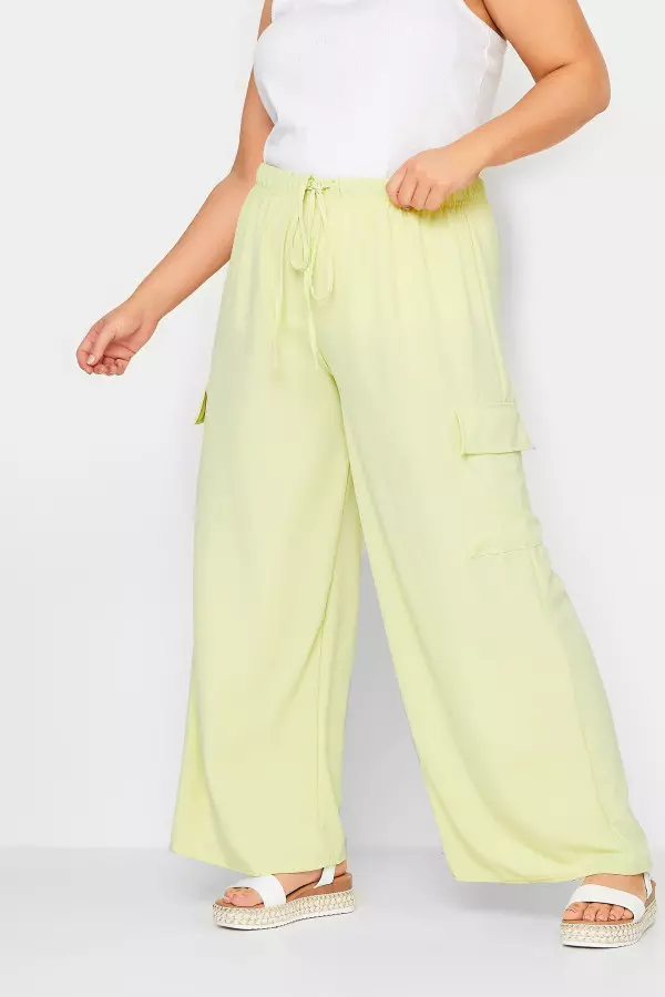 Yours Curve Lime Green Wide Leg Crepe Cargo Trousers, Women's Curve & Plus Size, Yours