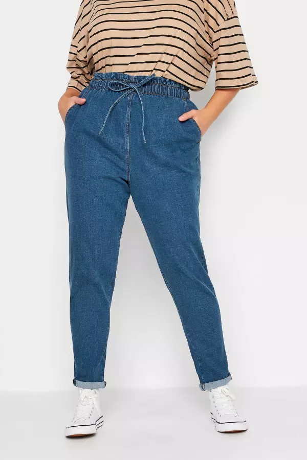 Yours Curve Mid Blue Paperbag Waist Stretch Mom Jeans, Women's Curve & Plus Size, Yours