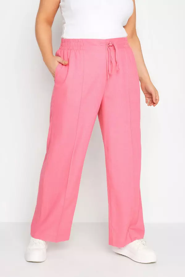 Yours Curve Hot Pink Wide Leg Linen Look Trousers, Women's Curve & Plus Size, Yours