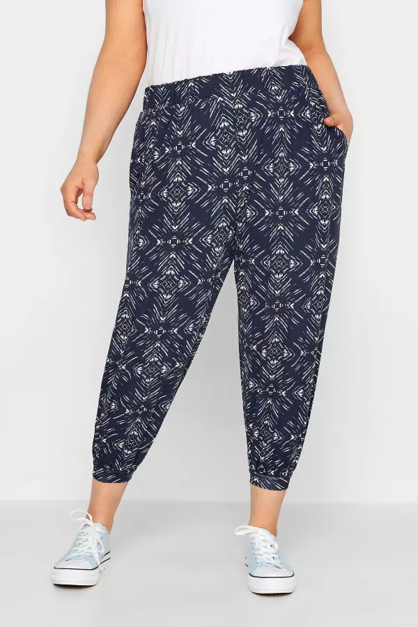 Yours Curve Navy Blue Diamond Print Cropped Harem Trousers, Women's Curve & Plus Size, Yours