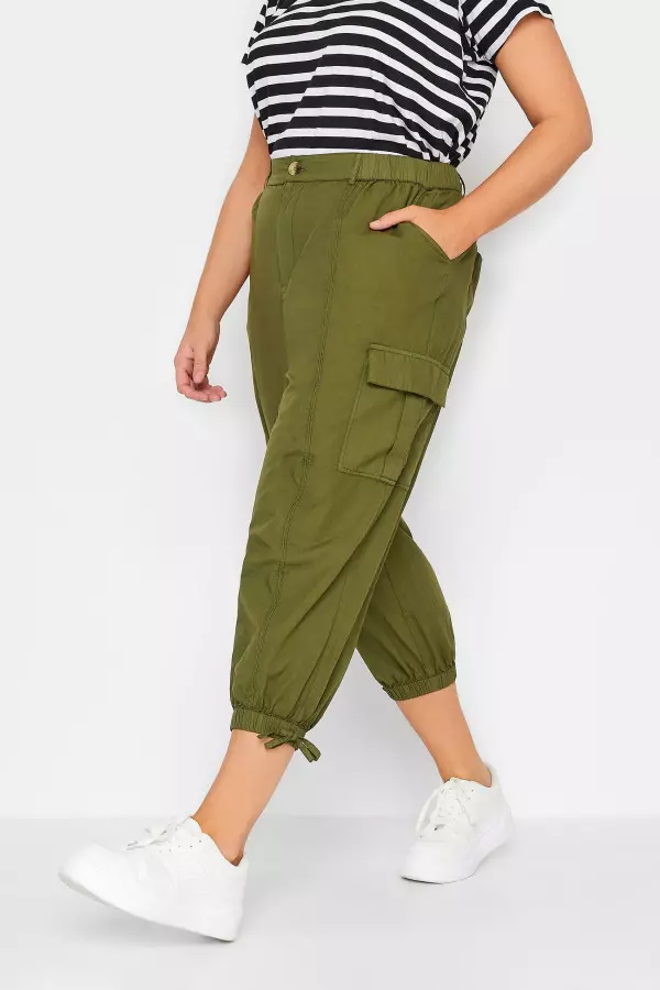 Yours Curve Khaki Green Cropped Cargo Trousers, Women's Curve & Plus Size, Yours