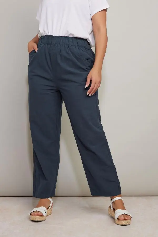 Yours Plus Size Navy Blue Cool Cotton Wide Leg Trousers Size Regular > 34-36