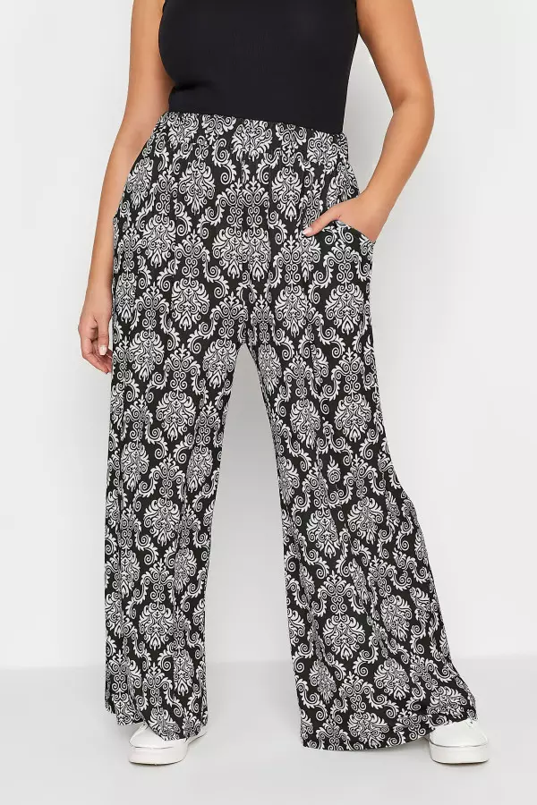 Yours Curve Black Paisley Print Pull On Wide Leg Trousers, Women's Curve & Plus Size, Yours