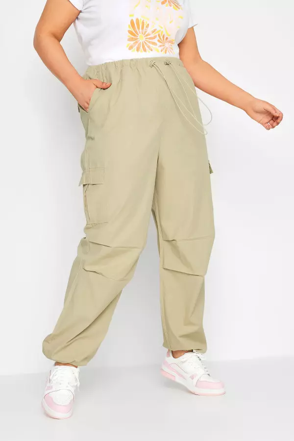 Yours Curve Stone Brown Cuffed Cargo Parachute Trousers, Women's Curve & Plus Size, Yours