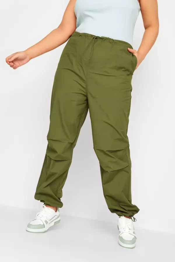 Yours Curve Khaki Green Cuffed Parachute Trousers, Women's Curve & Plus Size, Yours