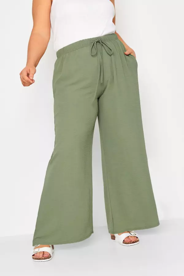 Yours Curve Khaki Green Twill Wide Leg Trousers, Women's Curve & Plus Size, Yours