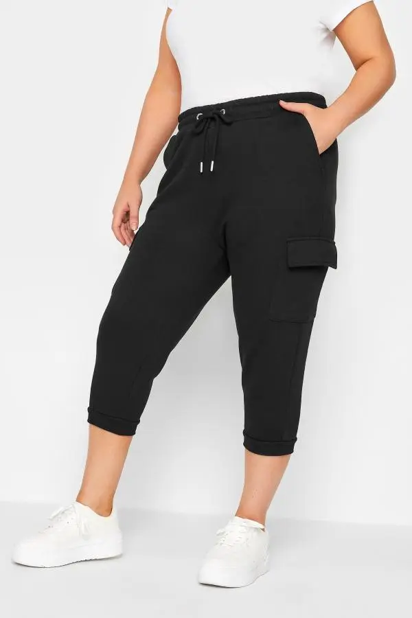 Yours Plus Size Black Cargo Pocket Cropped Joggers Inside Leg Size 22"/56Cm, Waist Size 22-24