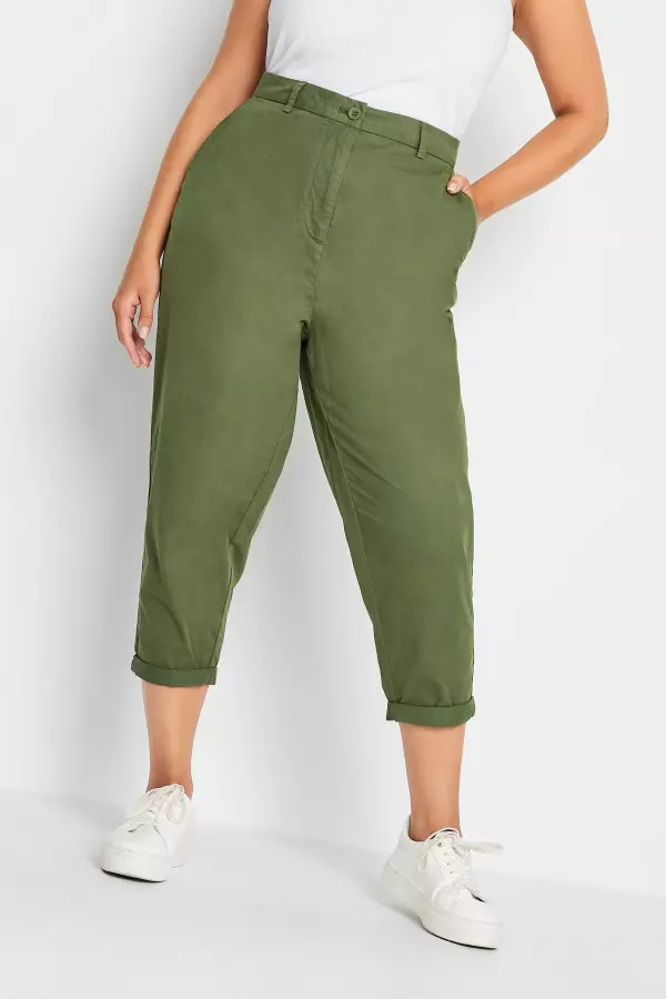 Yours Curve Khaki Green Cropped Chino Trousers, Women's Curve & Plus Size, Yours