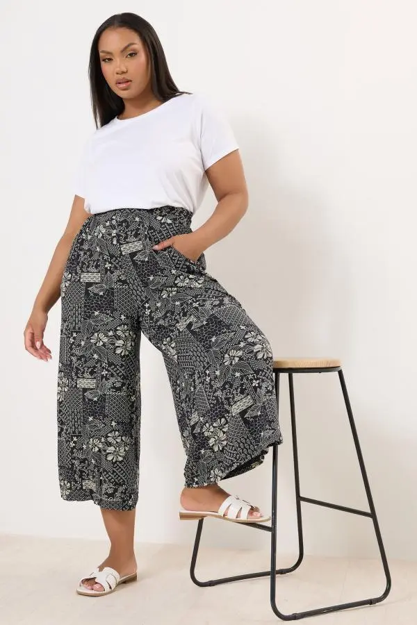 Yours Curve Navy Blue Leaf Print Midaxi Culottes, Women's Curve & Plus Size, Yours