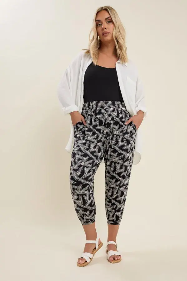 Yours Curve Black Stripe Print Cropped Harem Joggers, Women's Curve & Plus Size, Yours