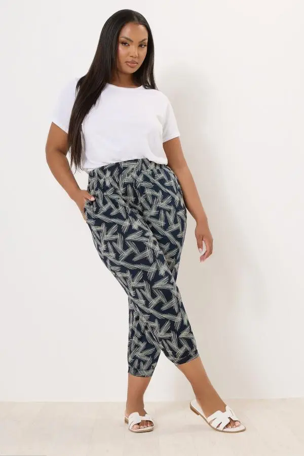 Yours Curve Navy Blue Stripe Print Cropped Harem Joggers, Women's Curve & Plus Size, Yours