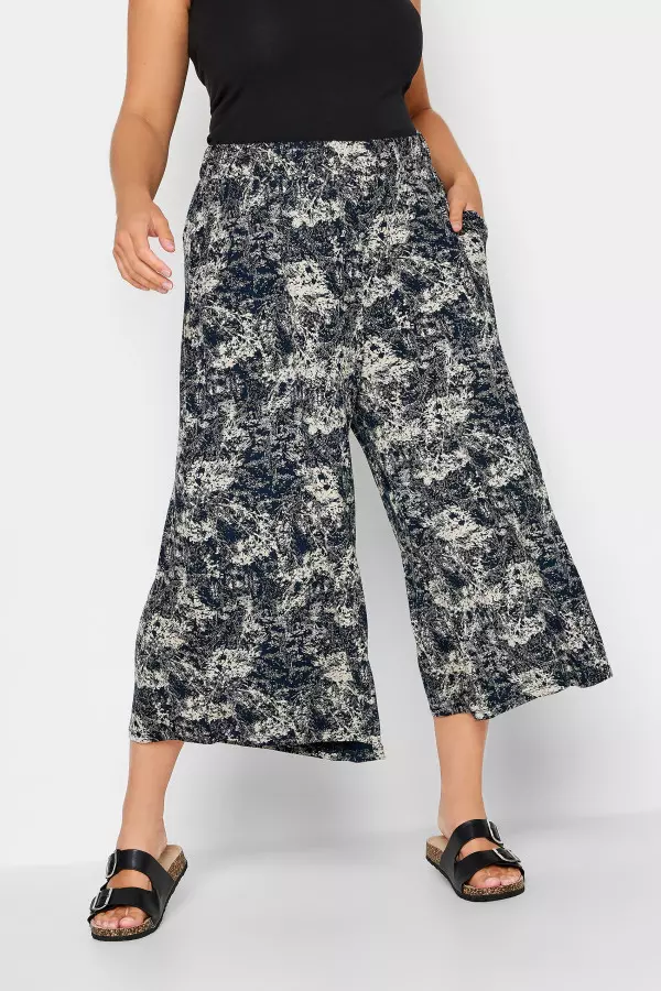 Yours Curve Navy Blue Abstract Print Midaxi Culottes, Women's Curve & Plus Size, Yours