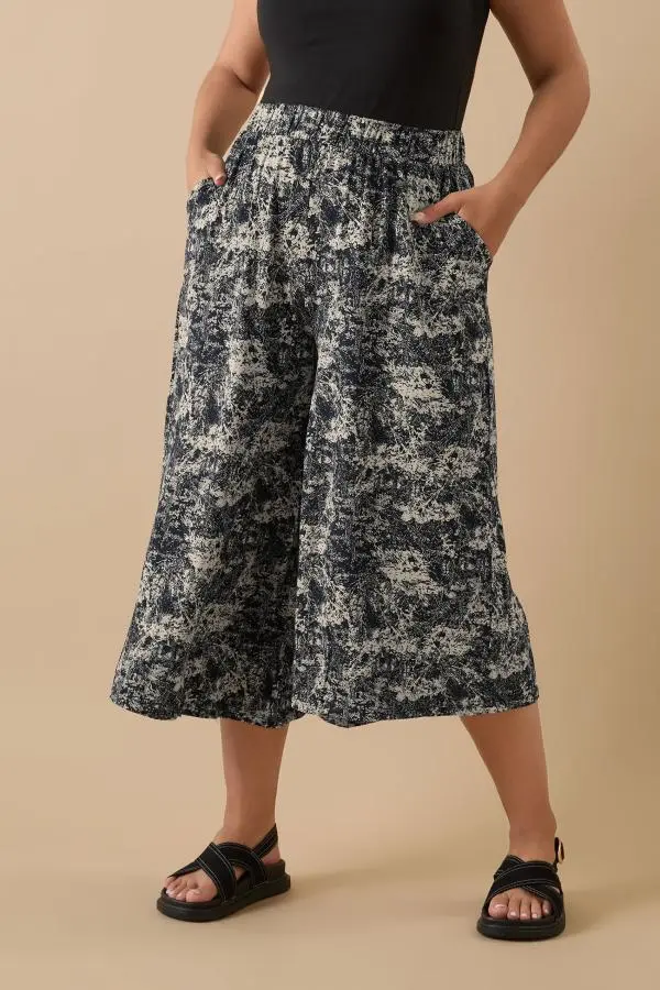 Yours Curve Navy Blue Abstract Print Midaxi Culottes, Women's Curve & Plus Size, Yours