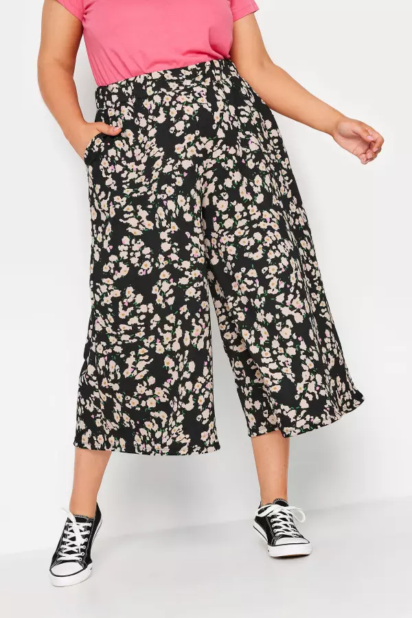 Yours Curve Black Abstract Floral Print Midaxi Culottes, Women's Curve & Plus Size, Yours