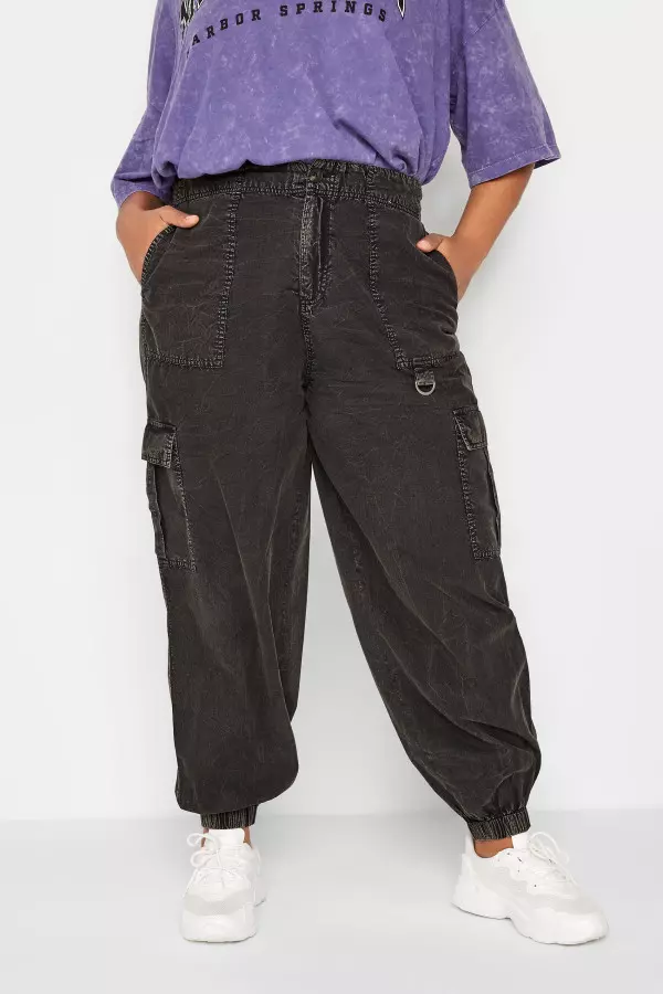 Yours Curve Black Acid Wash Cargo Trousers, Women's Curve & Plus Size, Yours