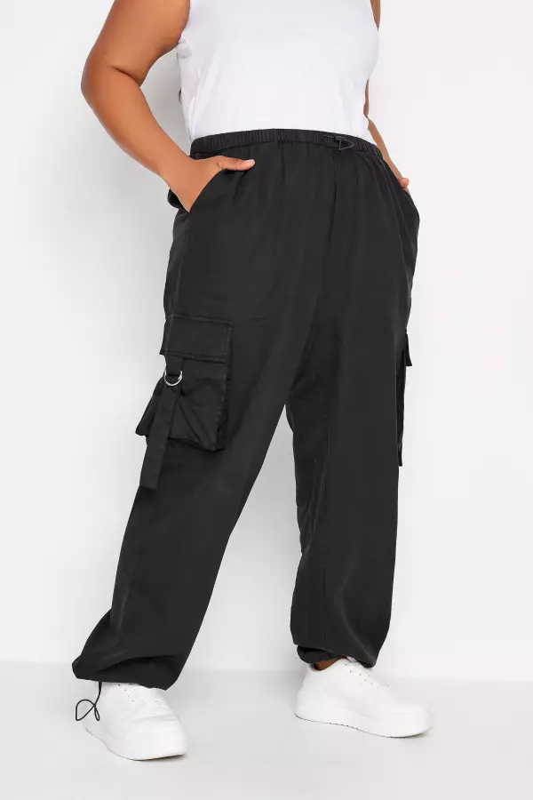Yours Curve Black Cargo Parachute Trouser, Women's Curve & Plus Size, Yours