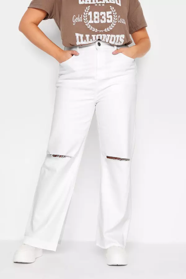 Yours Curve White Ripped Wide Leg Jeans, Women's Curve & Plus Size, Yours