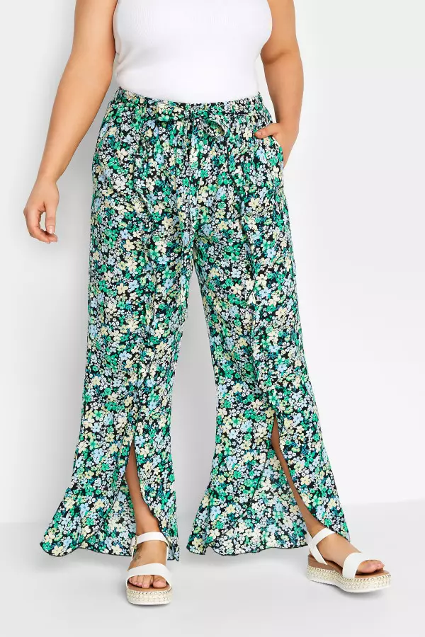 Yours Curve Green Floral Print Frill Wide Leg Trousers, Women's Curve & Plus Size, Yours