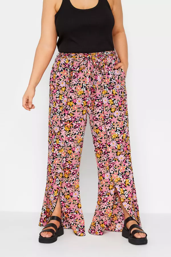 Yours Curve Pink Floral Print Frill Wide Leg Trousers, Women's Curve & Plus Size, Yours