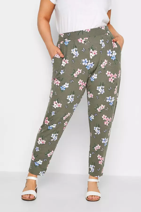 Yours Curve Khaki Green Butterfly Print Harem Trousers, Women's Curve & Plus Size, Yours