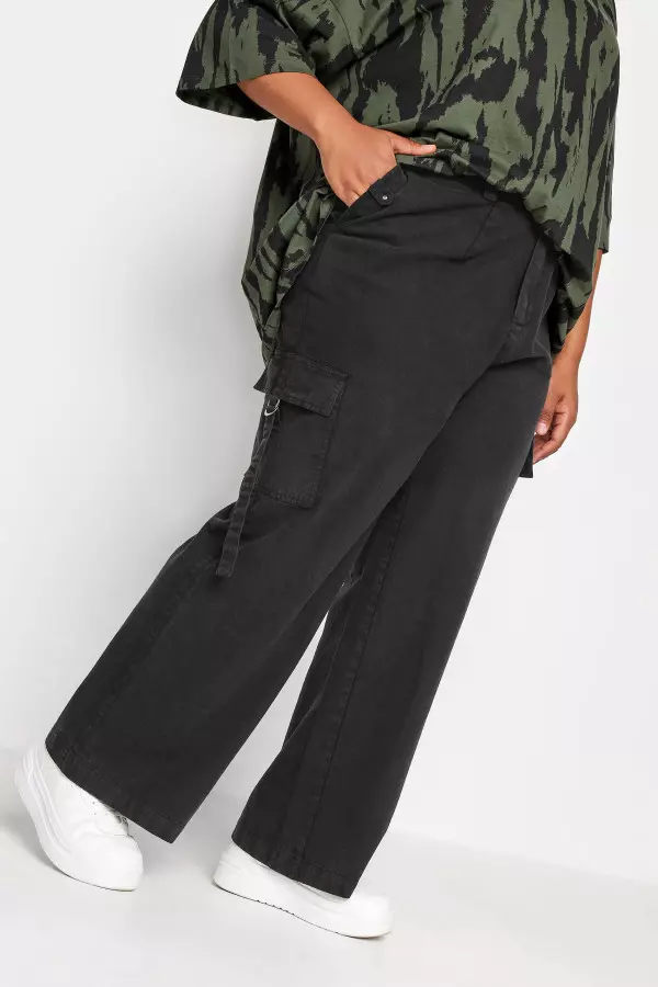 Yours Curve Black Wide Leg Twill Cargo Trousers, Women's Curve & Plus Size, Yours