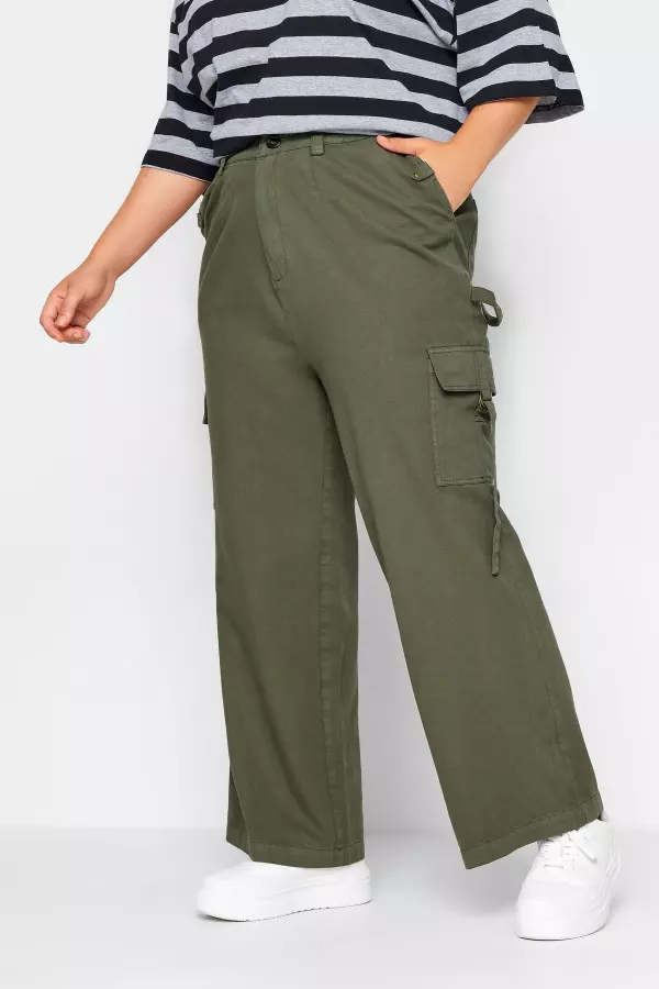 Yours Curve Khaki Green Wide Leg Twill Cargo Trousers, Women's Curve & Plus Size, Yours
