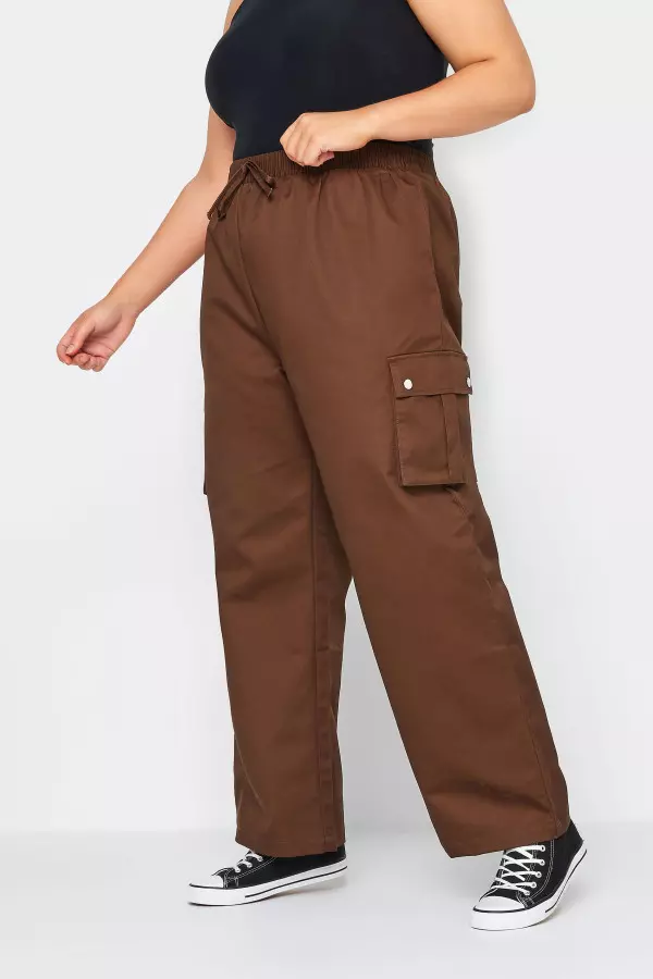Yours Curve Brown Wide Leg Woven Cargo Trousers, Women's Curve & Plus Size, Yours