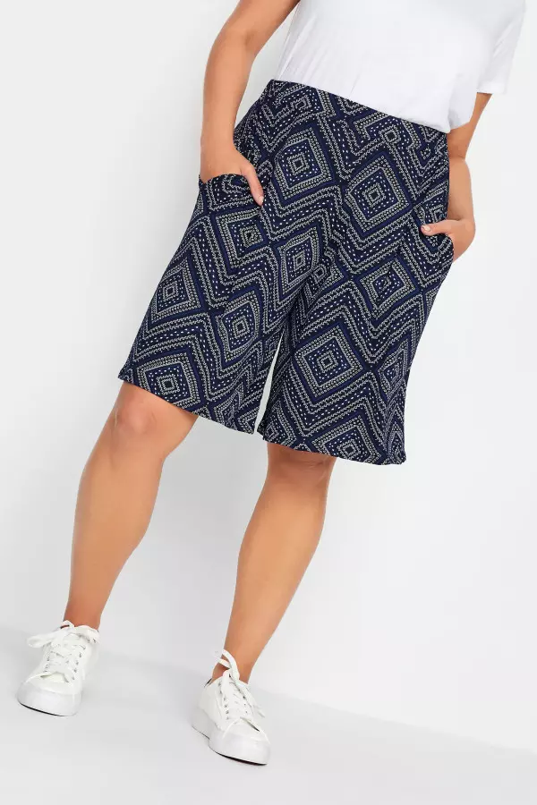 Yours Curve Navy Blue Aztec Print Jersey Shorts, Women's Curve & Plus Size, Yours