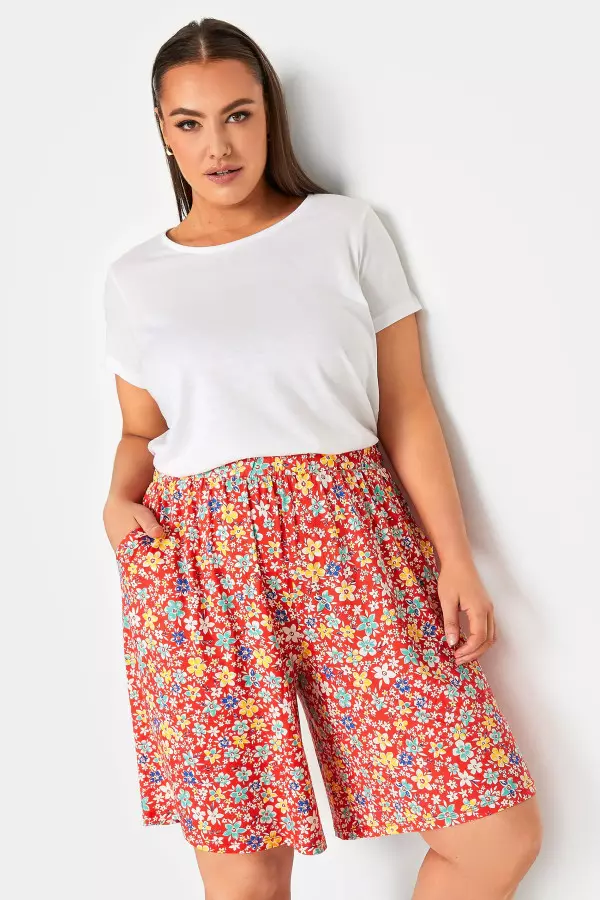 Yours Curve Red Floral Print Pull On Shorts, Women's Curve & Plus Size, Yours