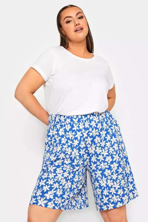 Yours Curve Blue Floral Print Pull On Shorts, Women's Curve & Plus Size, Yours
