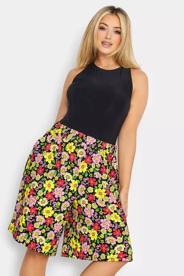 Yours Curve Black & Yellow Floral Print Pull On Shorts, Women's Curve & Plus Size, Yours
