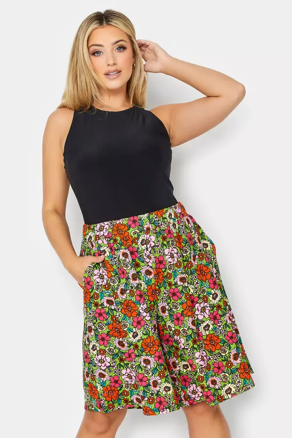 Yours Curve Green Floral Print Pull On Shorts, Women's Curve & Plus Size, Yours