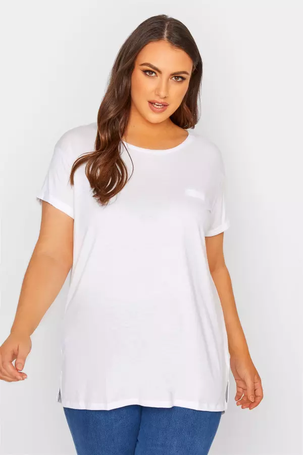 Yours For Good Curve White Cotton Blend Pocket Tshirt, Women's Curve & Plus Size, Yours For Good