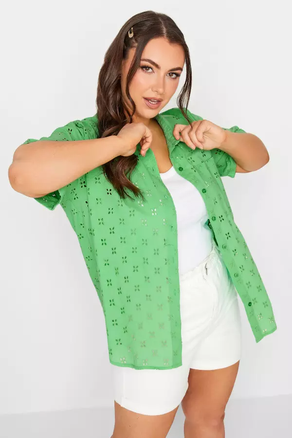 Limited Collection Curve Green Broderie Anglaise Shirt, Women's Curve & Plus Size, Limited Collection