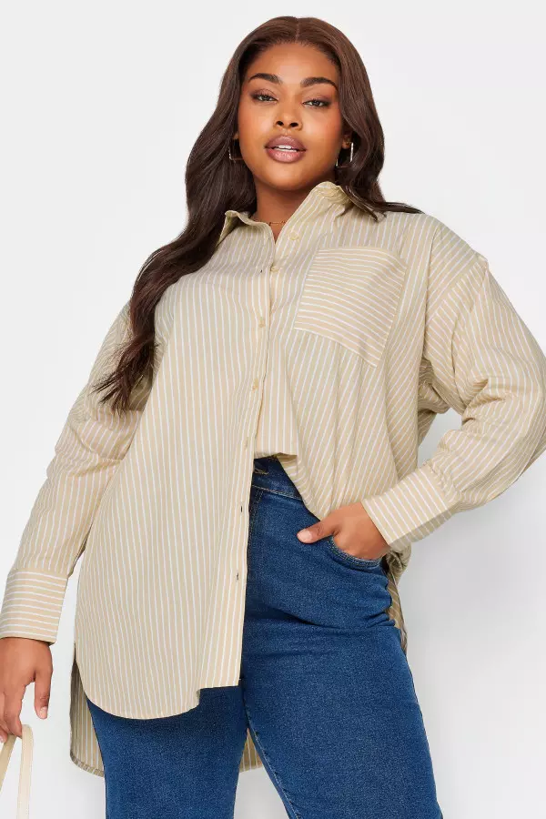 Limited Collection Curve Beige Brown Striped Shirt, Women's Curve & Plus Size, Limited Collection
