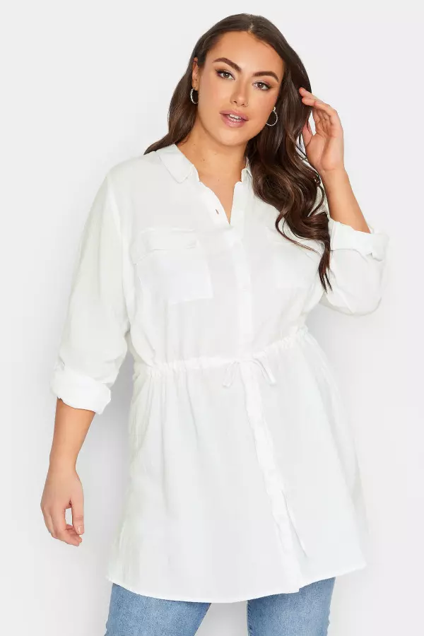 Yours Curve White Utility Tunic Linen Look Shirt, Women's Curve & Plus Size, Yours